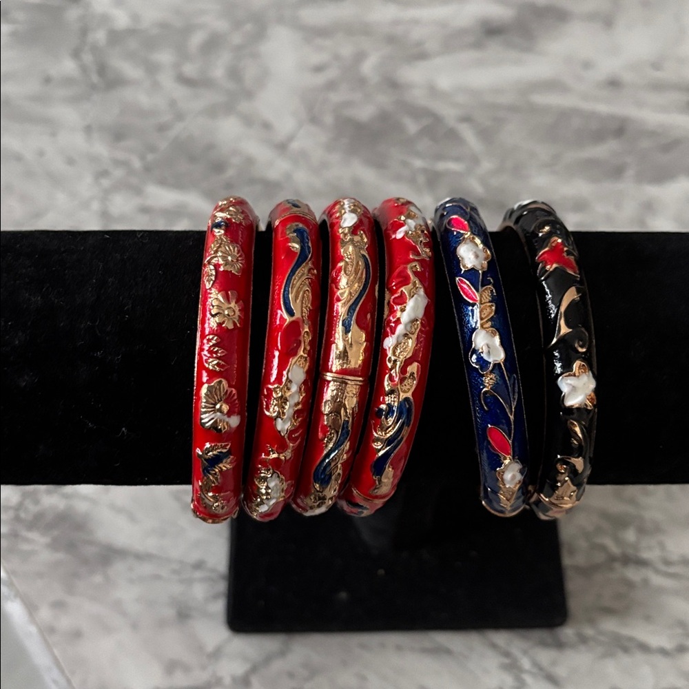 Enamel Floral-Accent Bangle Bracelet Set - Red, Blue,